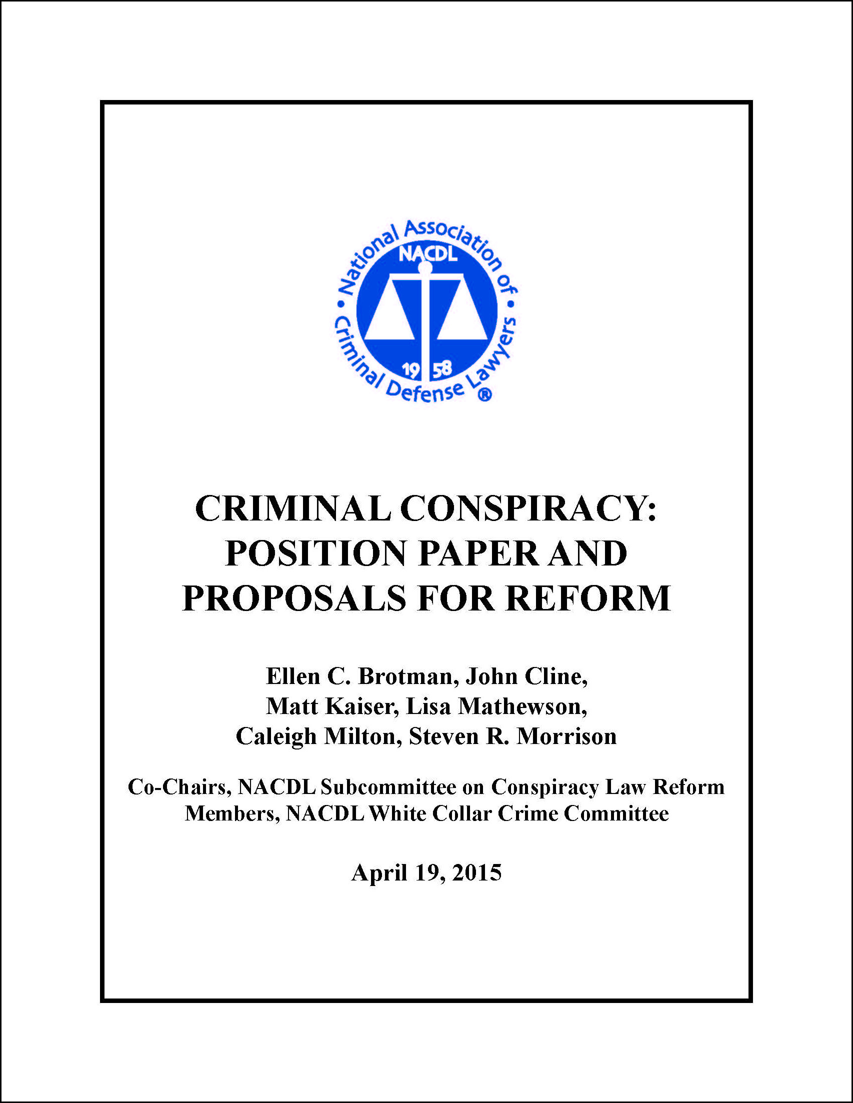 Criminal Conspiracy: Position Paper and Proposals for Reform Cover