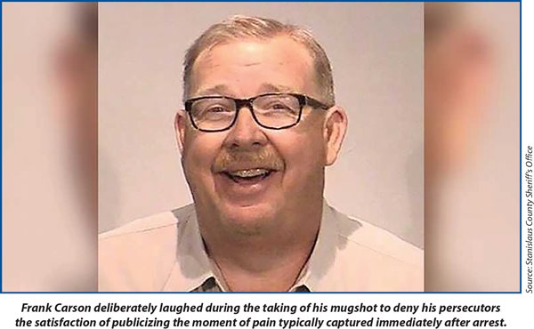 Frank Carson deliberately laughed during the taking of his mugshot to deny his persecutors the satisfaction of publicizing the moment of pain typically captured immediately after arrest.