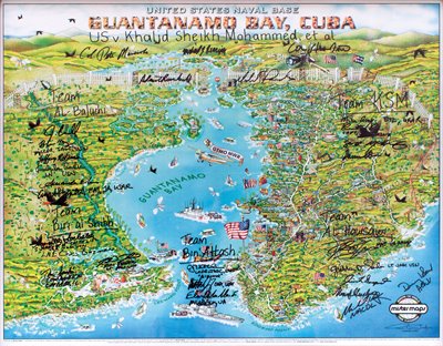 Map of Guantanamo Bay, Cuba signed by people involved in U.S. v. Khalid Sheikh Mohammed, et al.